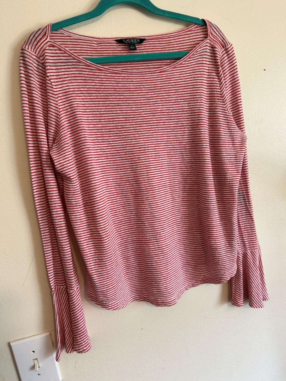 Lauren Ralph Lauren Red and White Striped Linen Blend Bell Cuff Long-Sleeve Top
